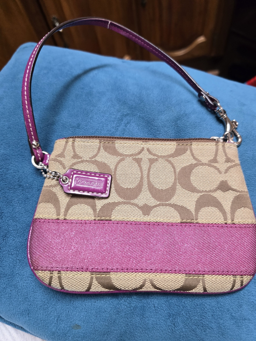 Coach Signature Canvas Wristlet in Tan and Pink Good Used Condition!